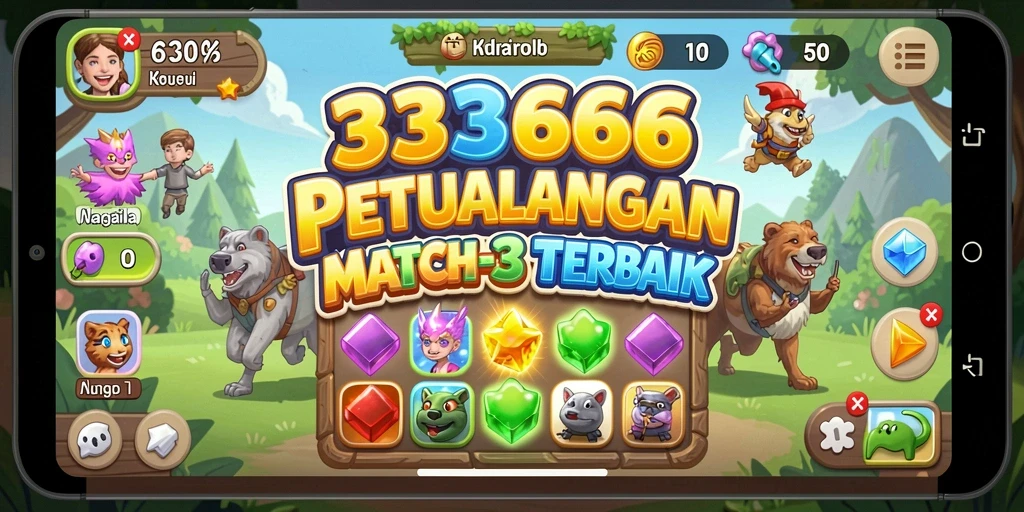 Screenshot gameplay <strong>333666</strong> dengan elemen Match-3 yang cerah dan menarik.