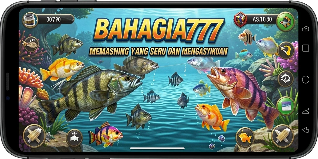 Screenshot dari gameplay BAHAGIA777 menampilkan aksi memancing yang seru.