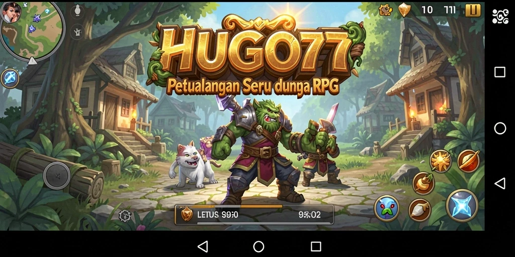 Tampilan gameplay HUGO77 yang menarik dengan karakter dan monster RPG.