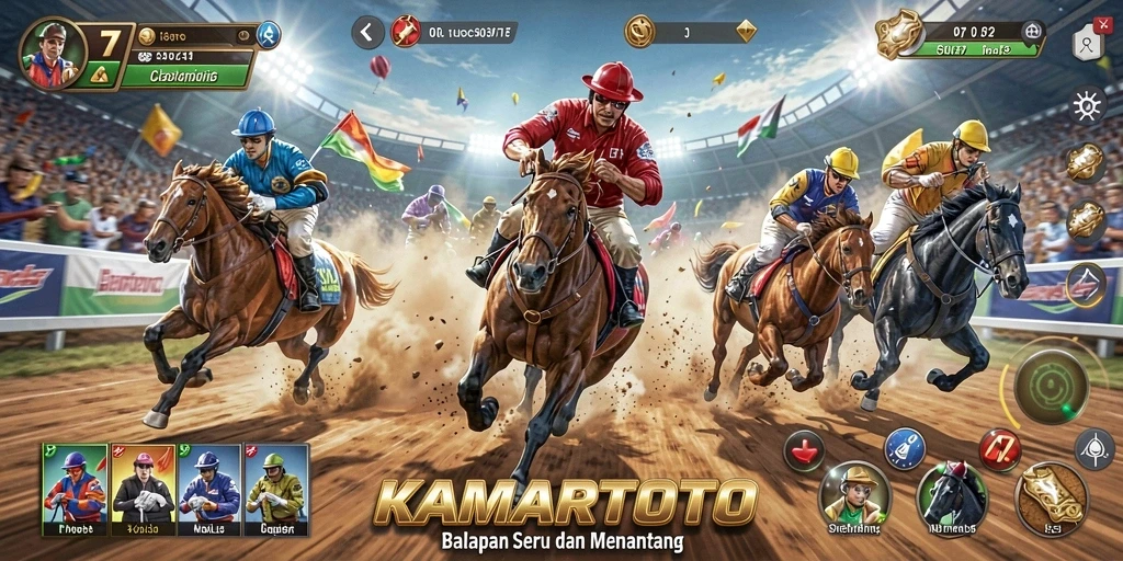 Tangkapan layar gameplay KAMARTOTO yang menampilkan balapan cepat dan intens.