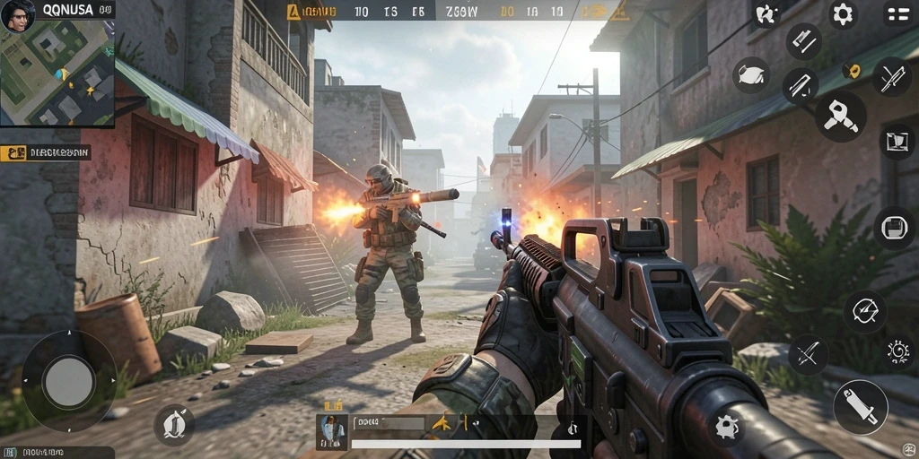 Tangkapan layar utama QQNUSA menunjukkan aksi seru di medan perang FPS.
