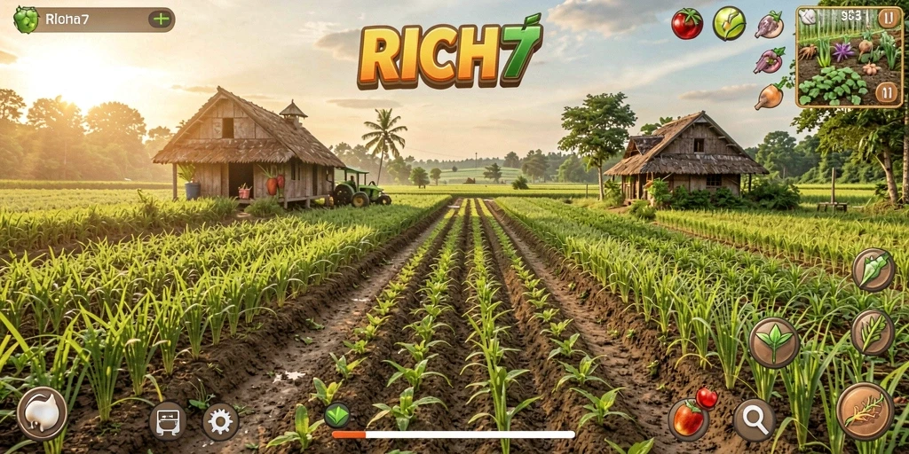 Tampilan gameplay RICH7 dengan ladang subur dan beragam tanaman.